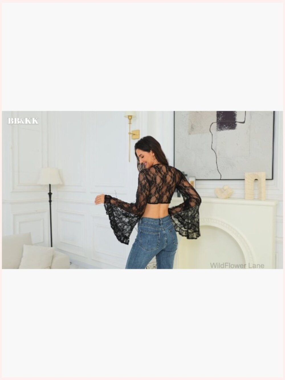 Flowy Lace Bell Sleeve Crop Top Boho Tie Front Blouse Rave Festival Hippie - Picture 7 of 7